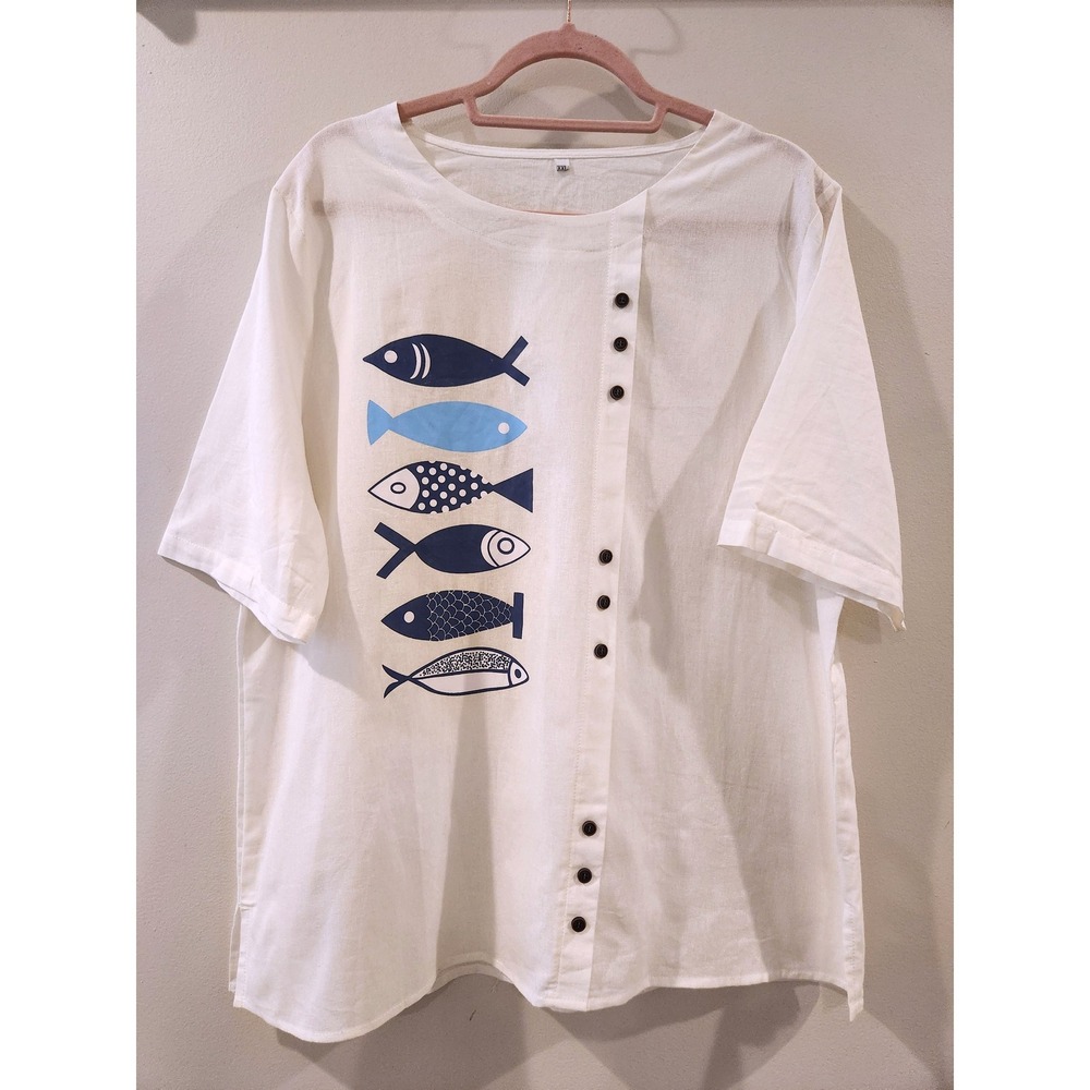 Womens Lightweight Tunic Nautical Coastal Fish Print Cotton Blend‎ Top Size XXL